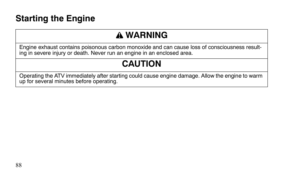 Starting the engine warning, Caution | Polaris Sportsman 9921483 User Manual | Page 91 / 207