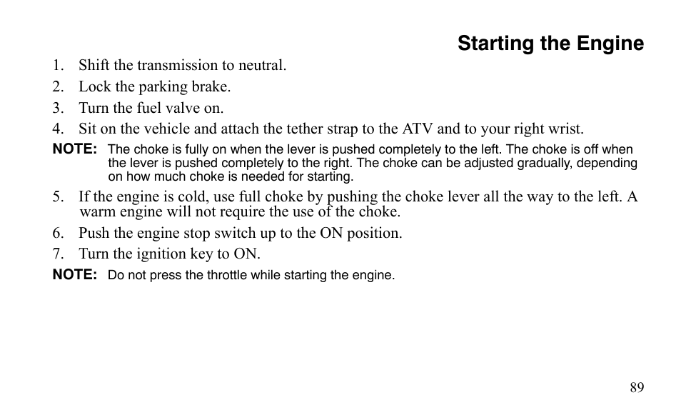 Starting the engine | Polaris Sportsman 9921483 User Manual | Page 92 / 207