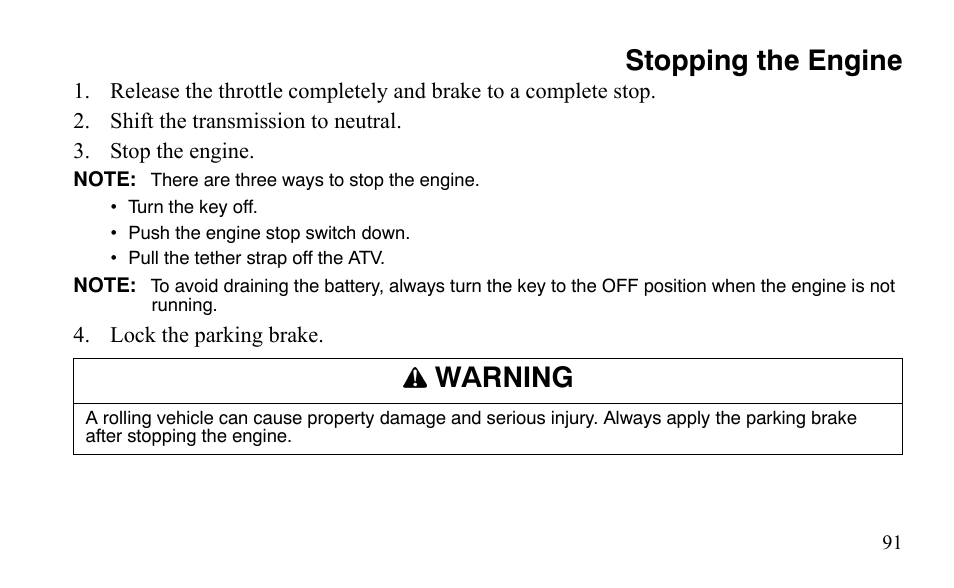 Stopping the engine, Warning | Polaris Sportsman 9921483 User Manual | Page 94 / 207