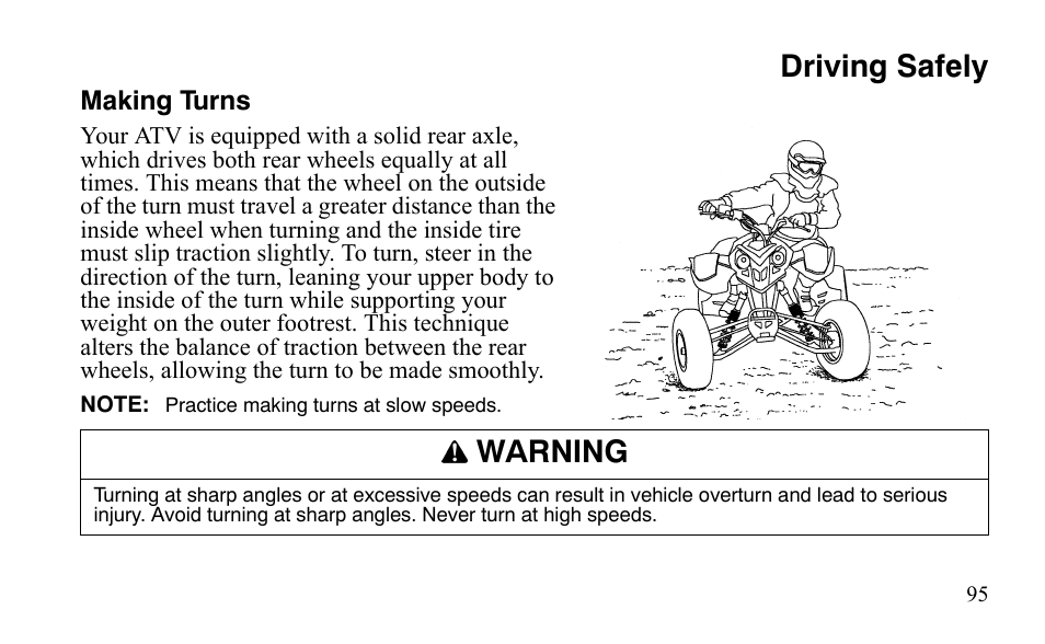 Driving safely, Warning | Polaris Sportsman 9921483 User Manual | Page 98 / 207
