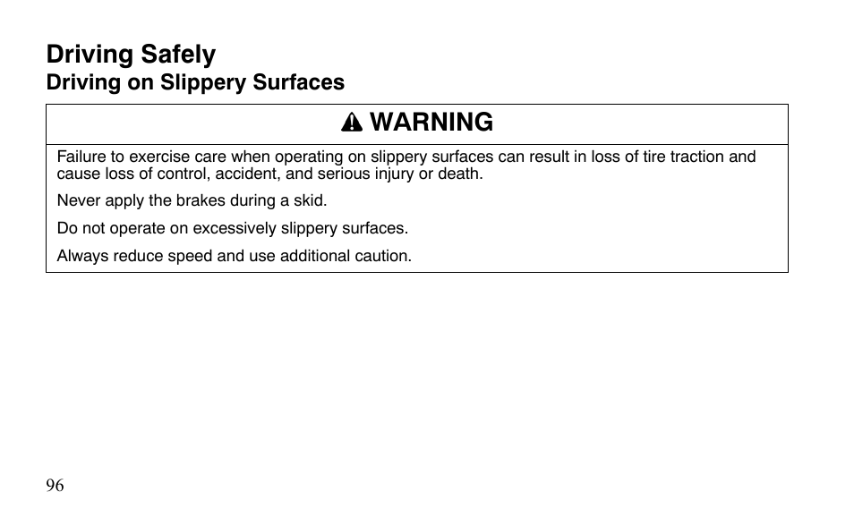 Driving safely, Warning | Polaris Sportsman 9921483 User Manual | Page 99 / 207