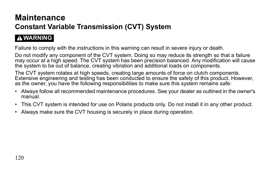 Maintenance, Constant variable transmission (cvt) system | Polaris Sportsman 9921796 User Manual | Page 123 / 192