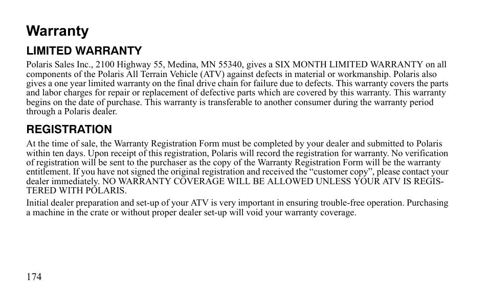 Warranty | Polaris Sportsman 9921796 User Manual | Page 177 / 192