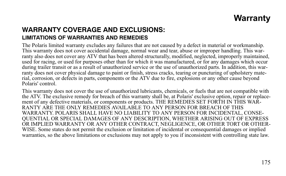 Warranty | Polaris Sportsman 9921796 User Manual | Page 178 / 192