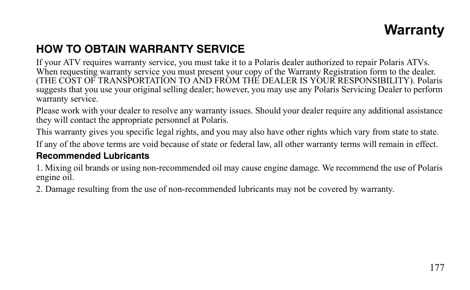 Warranty | Polaris Sportsman 9921796 User Manual | Page 180 / 192