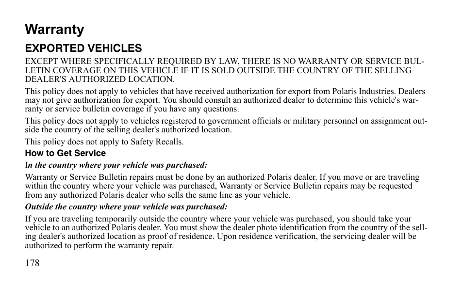 Warranty | Polaris Sportsman 9921796 User Manual | Page 181 / 192