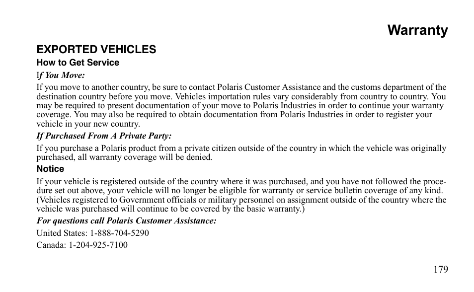 Warranty | Polaris Sportsman 9921796 User Manual | Page 182 / 192