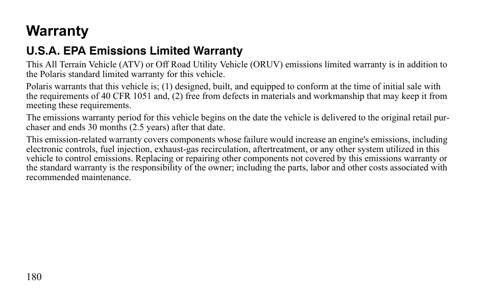 Warranty | Polaris Sportsman 9921796 User Manual | Page 183 / 192