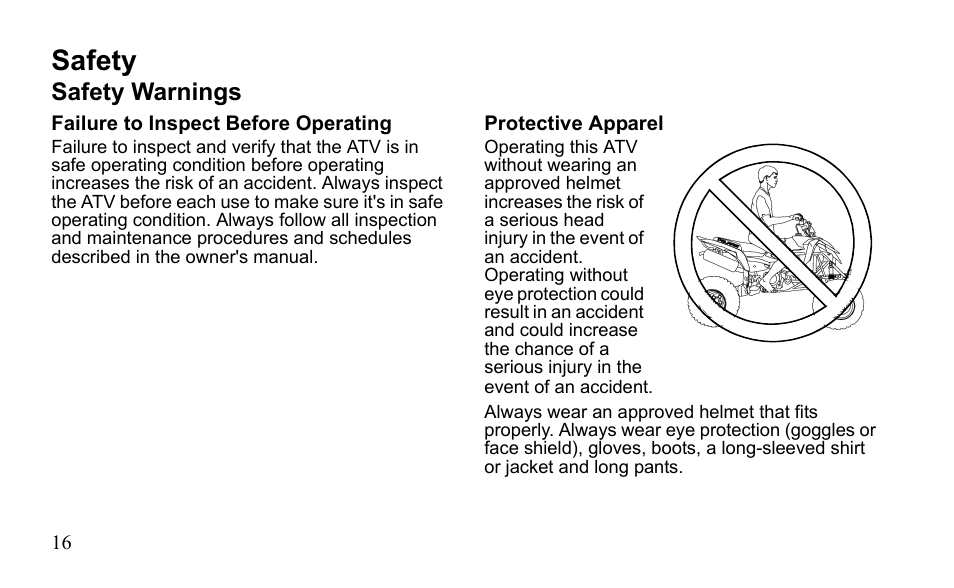 Safety, Safety warnings | Polaris Sportsman 9921796 User Manual | Page 19 / 192