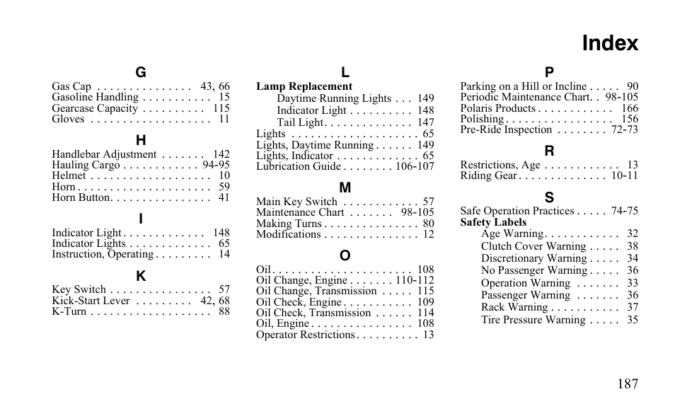 Index | Polaris Sportsman 9921796 User Manual | Page 190 / 192