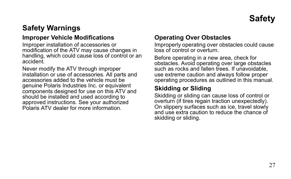 Safety, Safety warnings | Polaris Sportsman 9921796 User Manual | Page 30 / 192