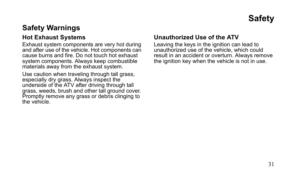 Safety, Safety warnings | Polaris Sportsman 9921796 User Manual | Page 34 / 192