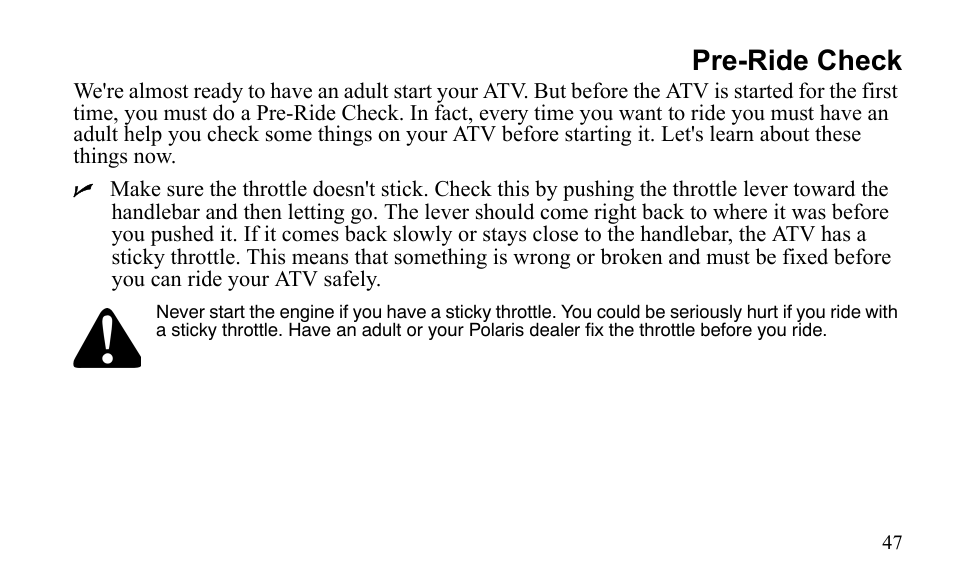 Pre-ride check | Polaris Sportsman 9921796 User Manual | Page 50 / 192