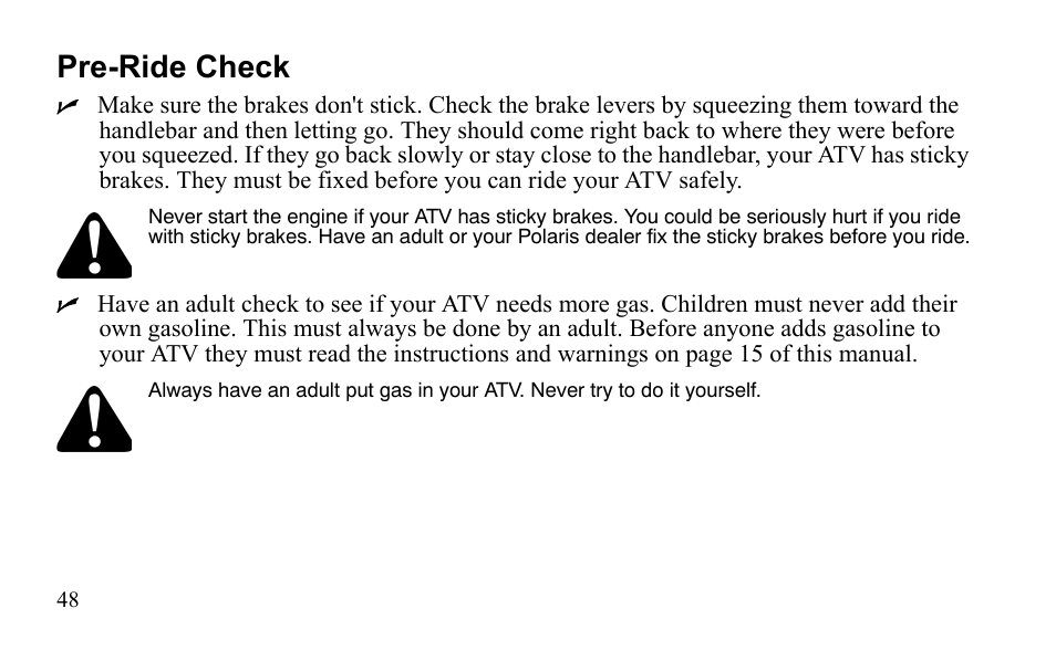 Pre-ride check | Polaris Sportsman 9921796 User Manual | Page 51 / 192