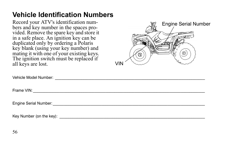 Vehicle identification numbers | Polaris Sportsman 9921796 User Manual | Page 59 / 192