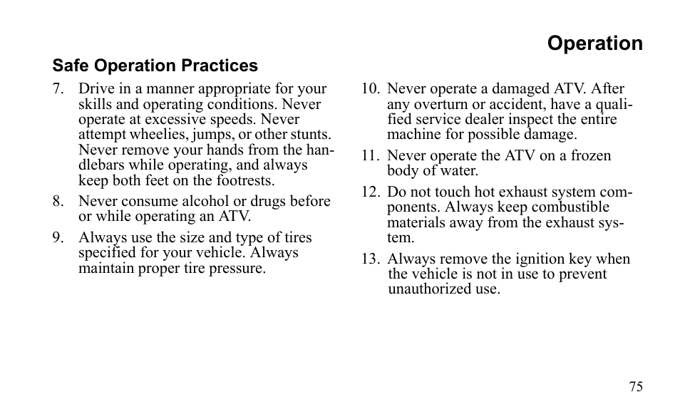 Operation | Polaris Sportsman 9921796 User Manual | Page 78 / 192