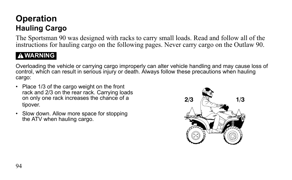 Operation, Hauling cargo | Polaris Sportsman 9921796 User Manual | Page 97 / 192