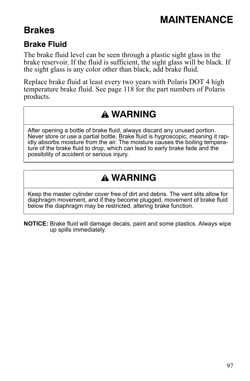 Maintenance, Brakes, Warning | Brake fluid | Polaris 800 Dragon SP User Manual | Page 100 / 141