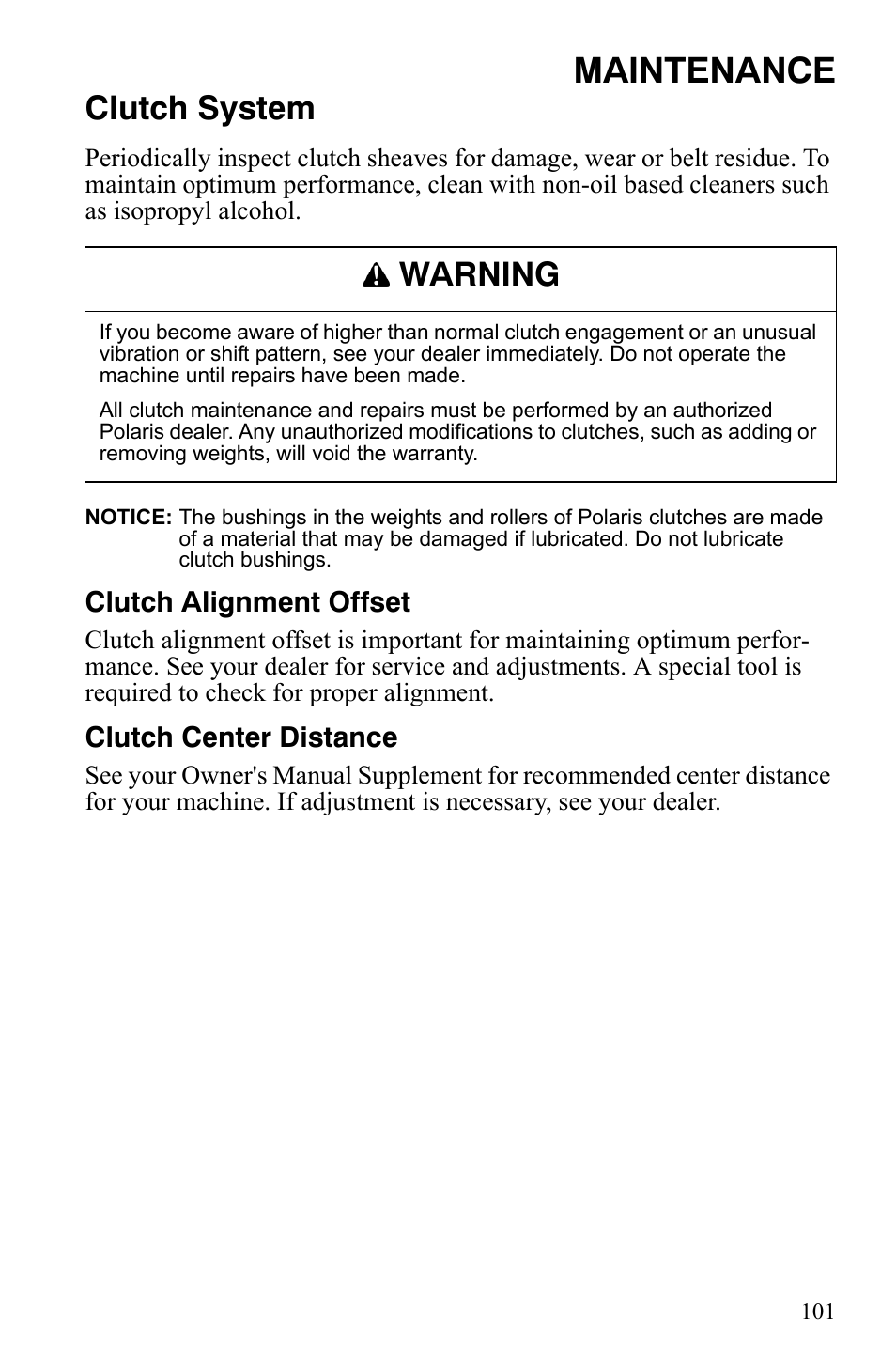 Maintenance, Clutch system, Warning | Clutch alignment offset, Clutch center distance | Polaris 800 Dragon SP User Manual | Page 104 / 141