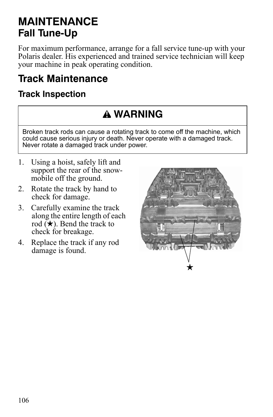 Maintenance, Fall tune-up, Track maintenance | Warning | Polaris 800 Dragon SP User Manual | Page 109 / 141