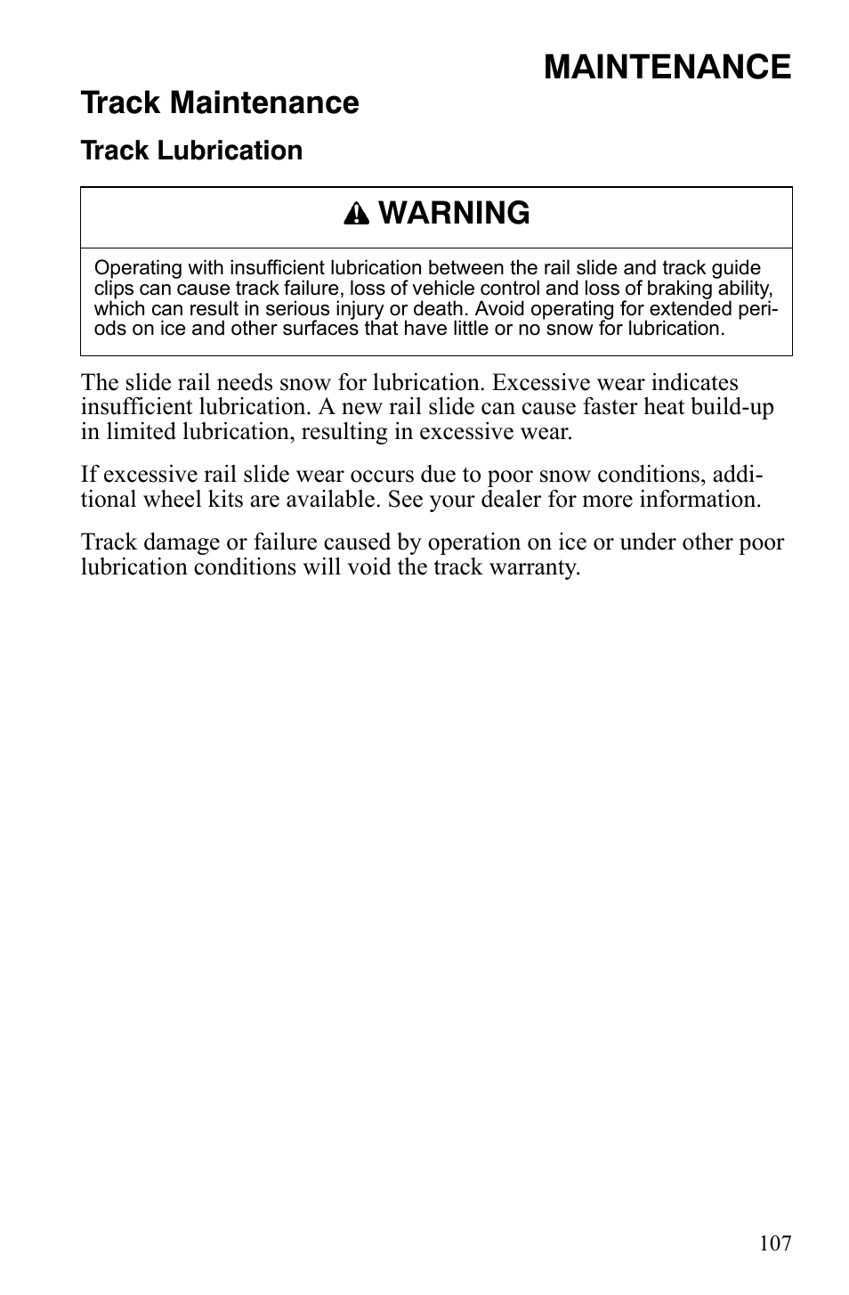 Maintenance, Track maintenance, Warning | Polaris 800 Dragon SP User Manual | Page 110 / 141