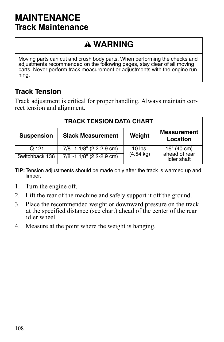 Maintenance, Track maintenance, Warning | Track tension | Polaris 800 Dragon SP User Manual | Page 111 / 141