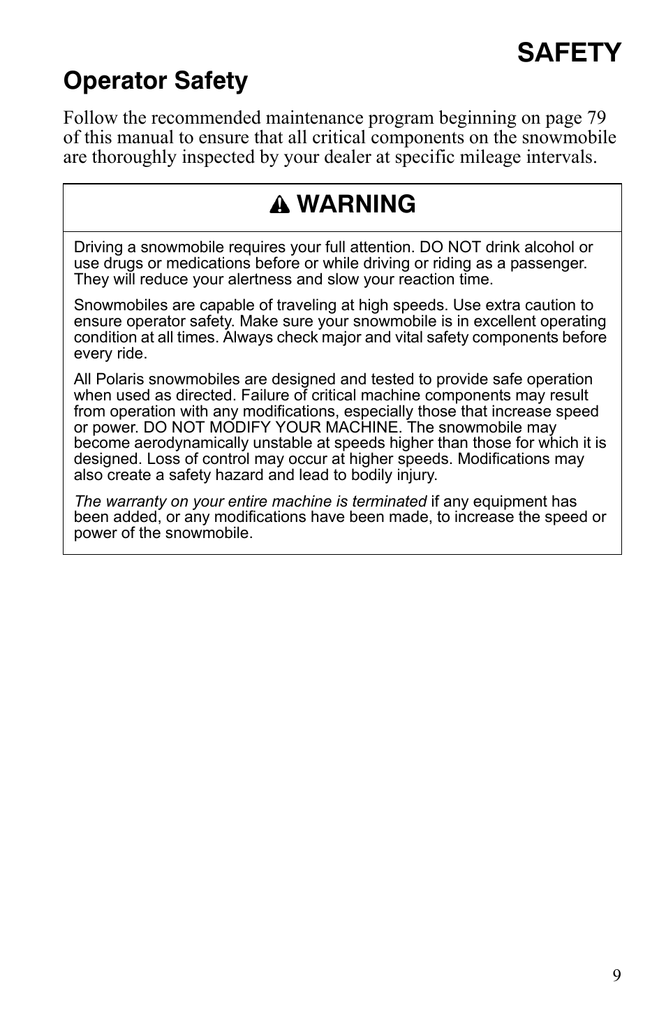 Safety, Operator safety, Warning | Polaris 800 Dragon SP User Manual | Page 12 / 141