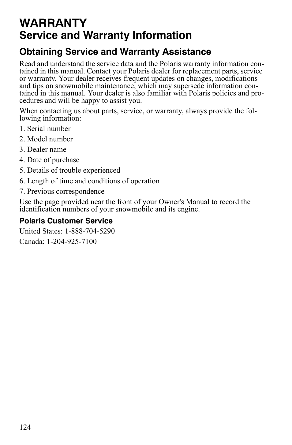Warranty, Service and warranty information | Polaris 800 Dragon SP User Manual | Page 127 / 141