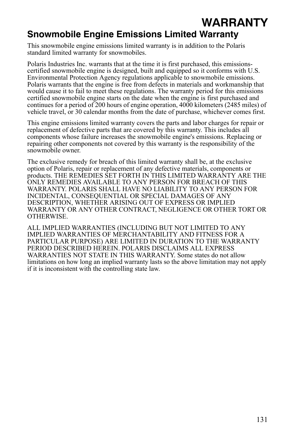 Warranty, Snowmobile engine emissions limited warranty | Polaris 800 Dragon SP User Manual | Page 134 / 141