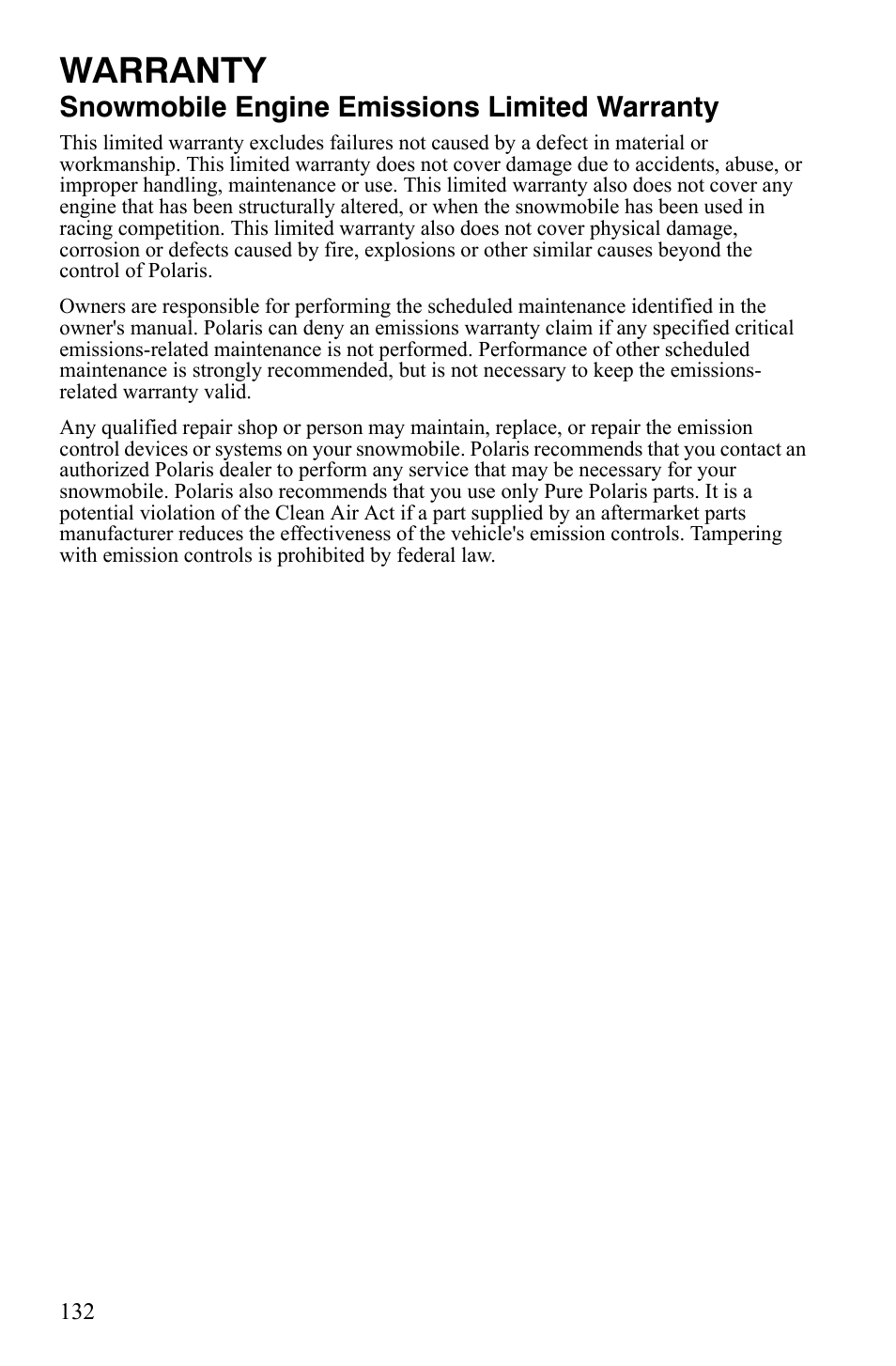 Warranty, Snowmobile engine emissions limited warranty | Polaris 800 Dragon SP User Manual | Page 135 / 141