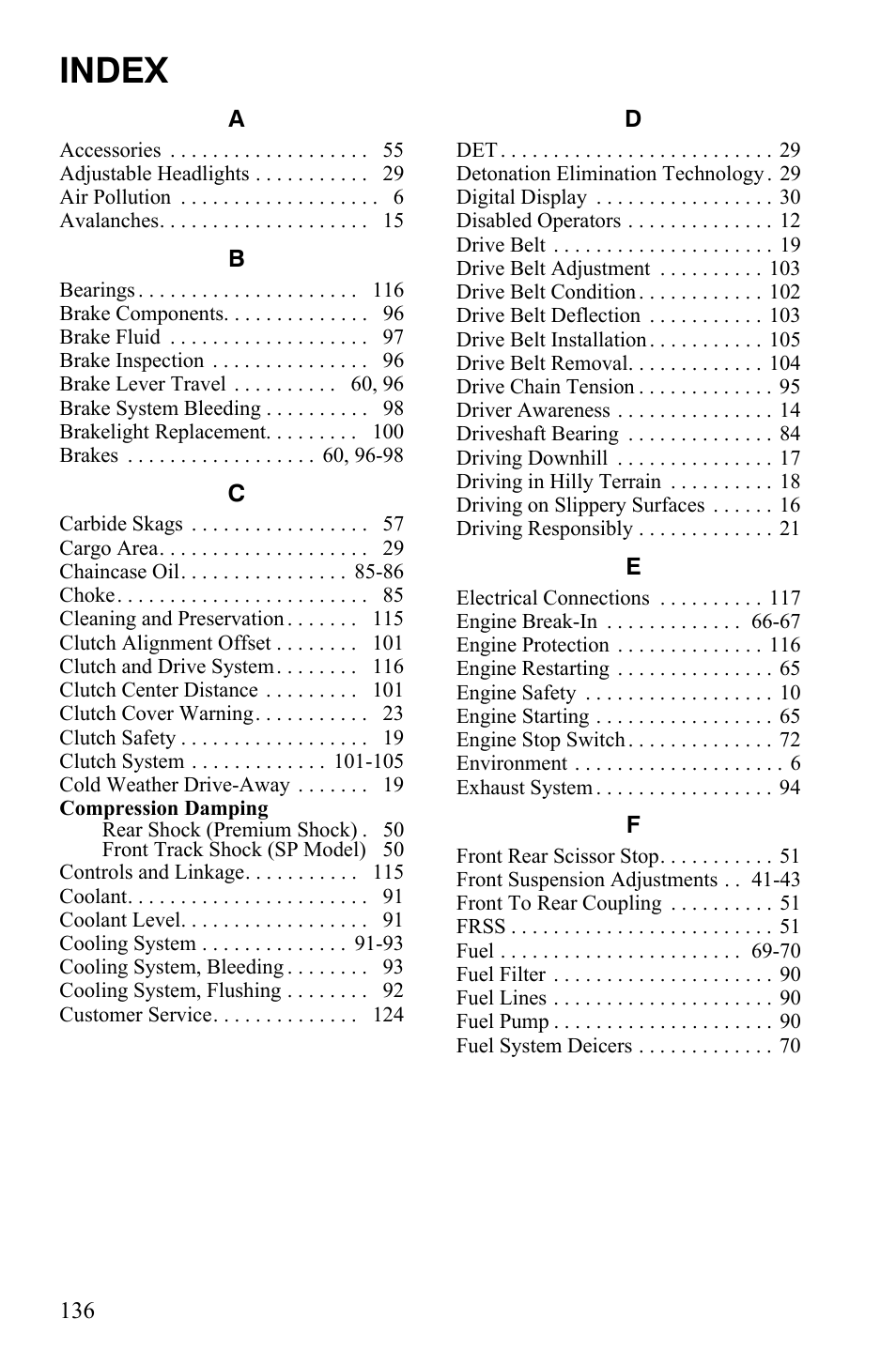 Index | Polaris 800 Dragon SP User Manual | Page 139 / 141