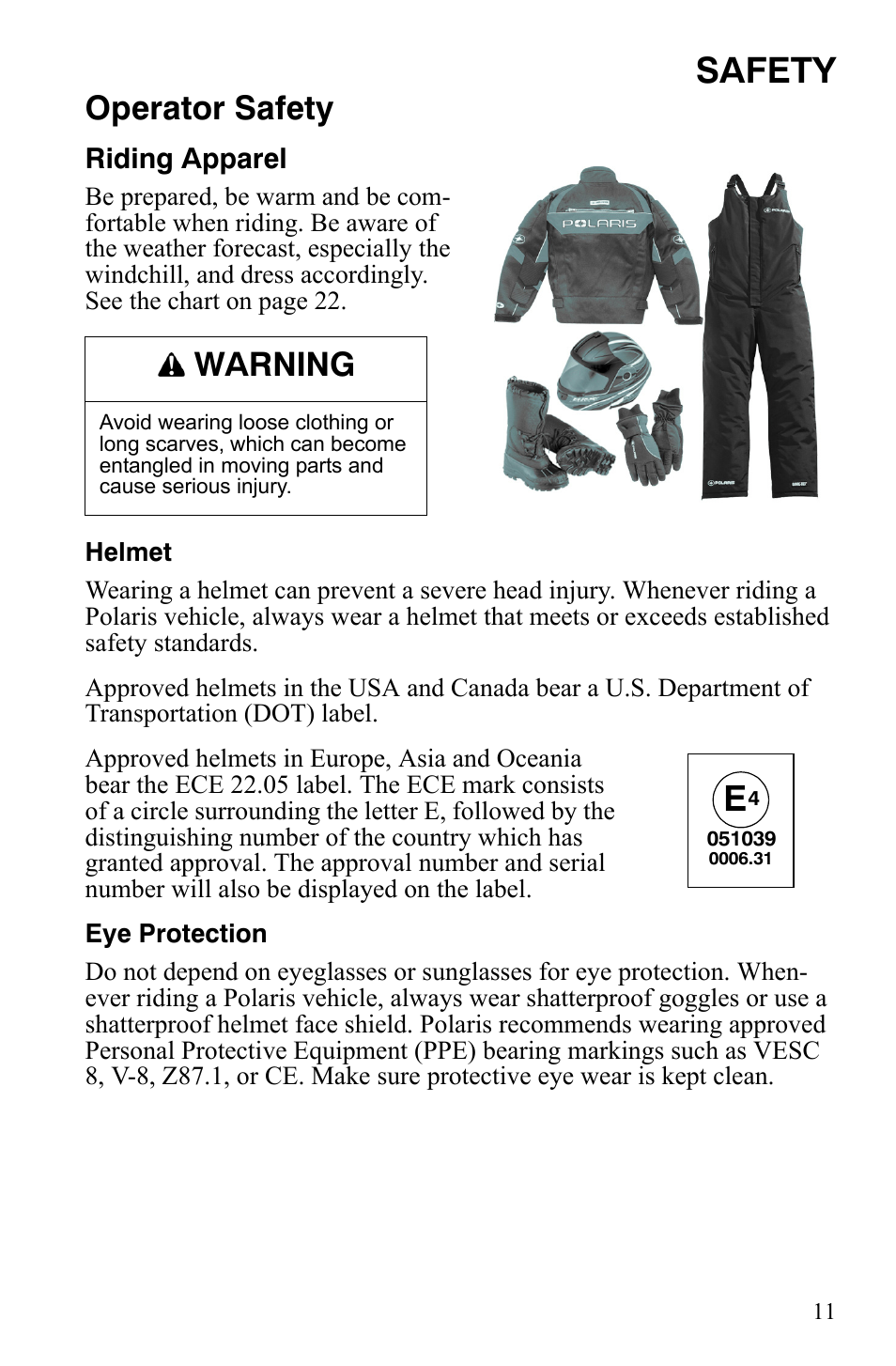 Safety, Operator safety, Warning | Polaris 800 Dragon SP User Manual | Page 14 / 141