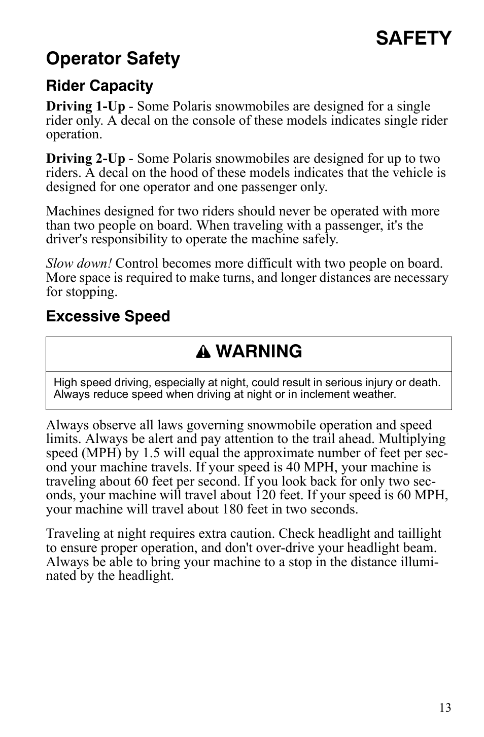Safety, Operator safety, Warning | Polaris 800 Dragon SP User Manual | Page 16 / 141