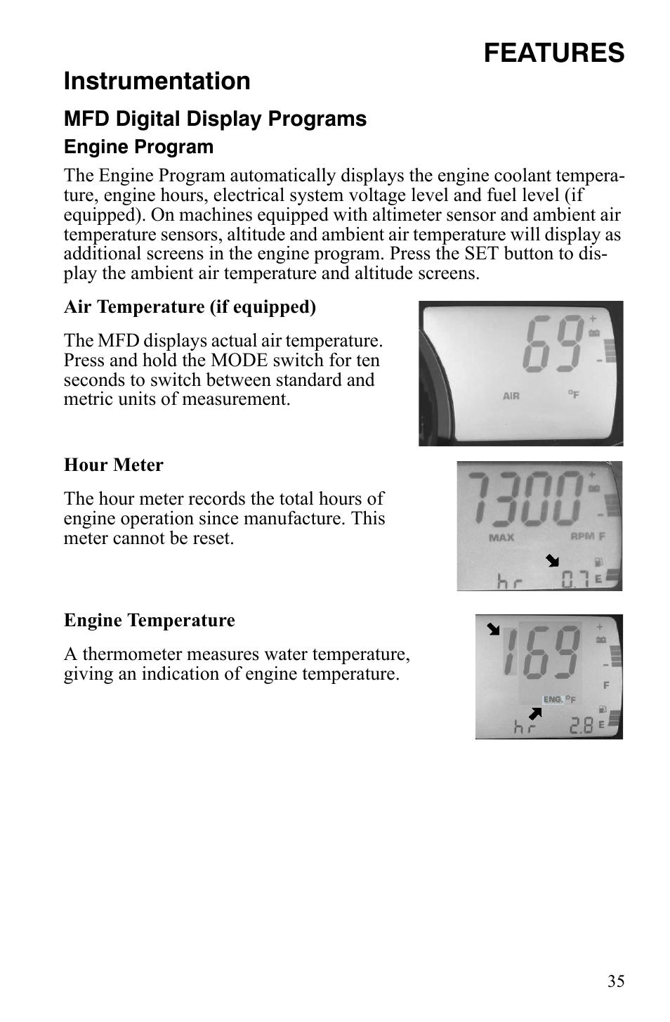 Features, Instrumentation | Polaris 800 Dragon SP User Manual | Page 38 / 141