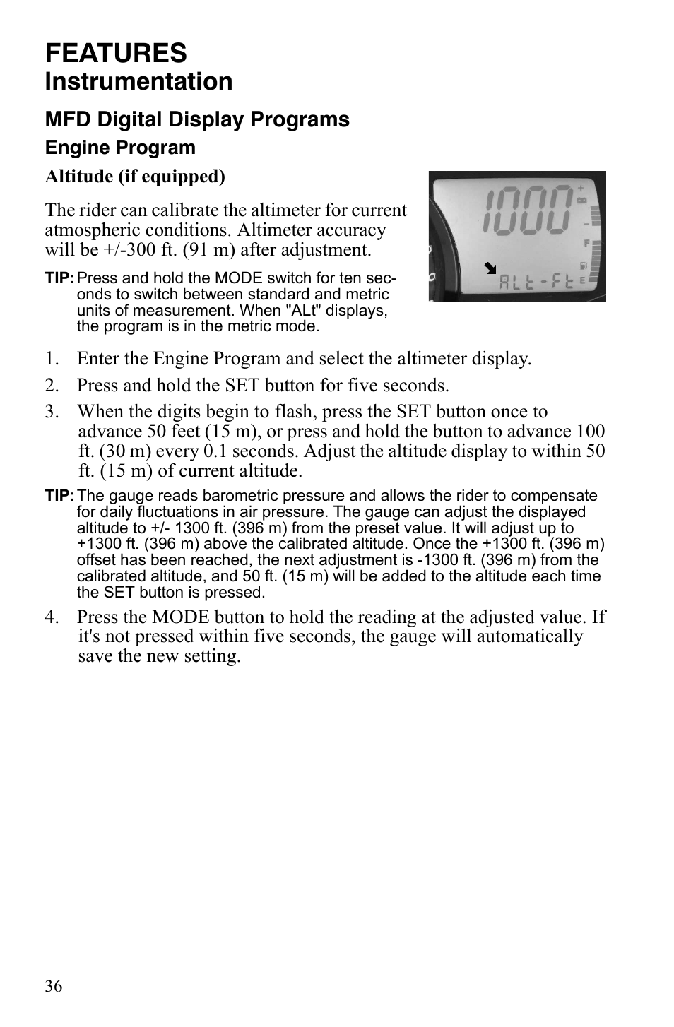 Features, Instrumentation, Mfd digital display programs | Polaris 800 Dragon SP User Manual | Page 39 / 141