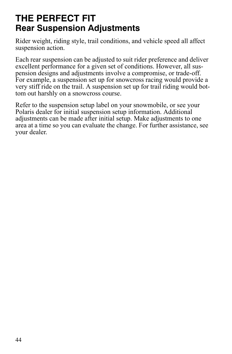 The perfect fit, Rear suspension adjustments | Polaris 800 Dragon SP User Manual | Page 47 / 141