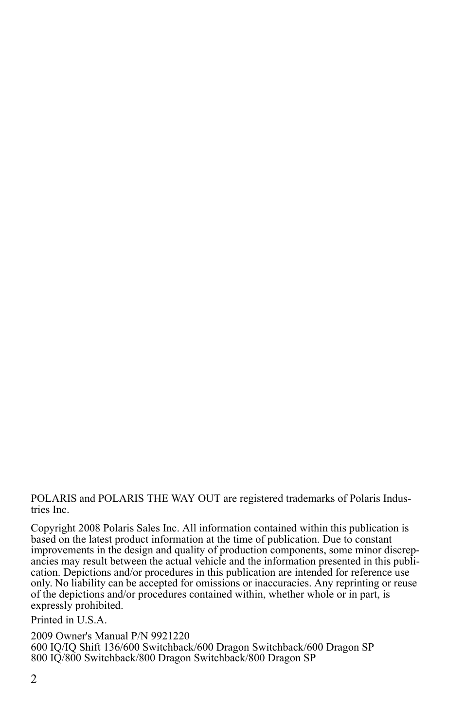 Polaris 800 Dragon SP User Manual | Page 5 / 141