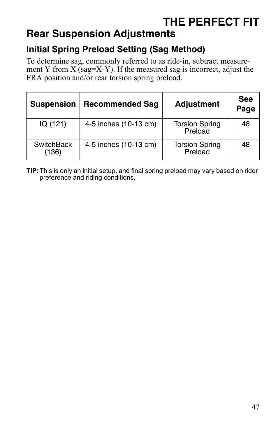 The perfect fit, Rear suspension adjustments, Initial spring preload setting (sag method) | Polaris 800 Dragon SP User Manual | Page 50 / 141