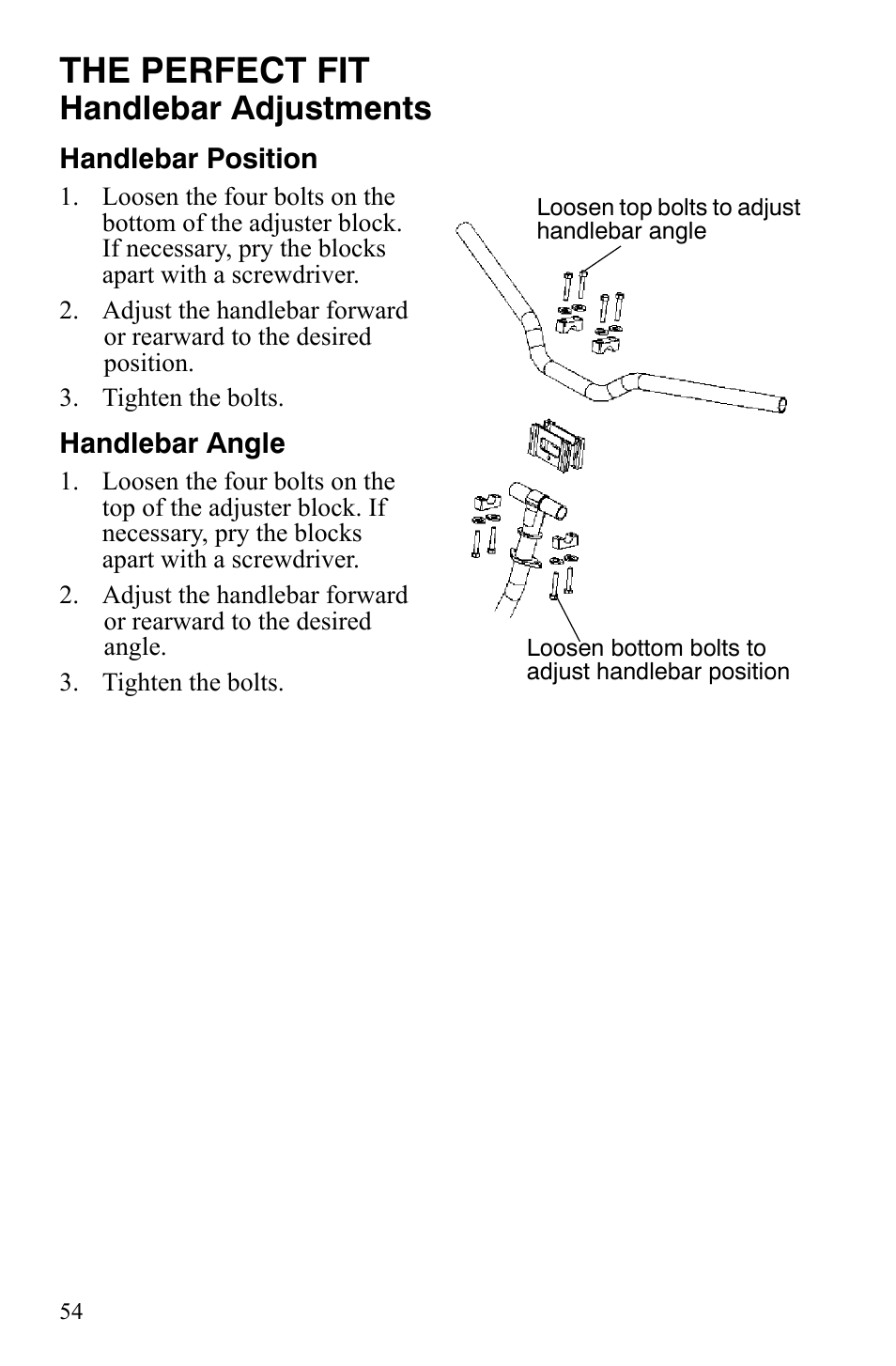 The perfect fit, Handlebar adjustments | Polaris 800 Dragon SP User Manual | Page 57 / 141