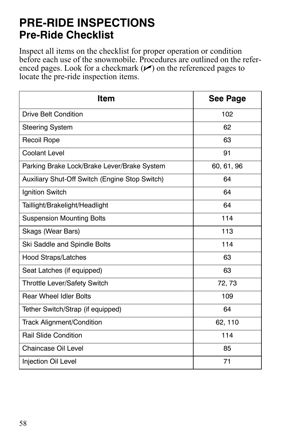 Pre-ride inspections, Pre-ride checklist | Polaris 800 Dragon SP User Manual | Page 61 / 141