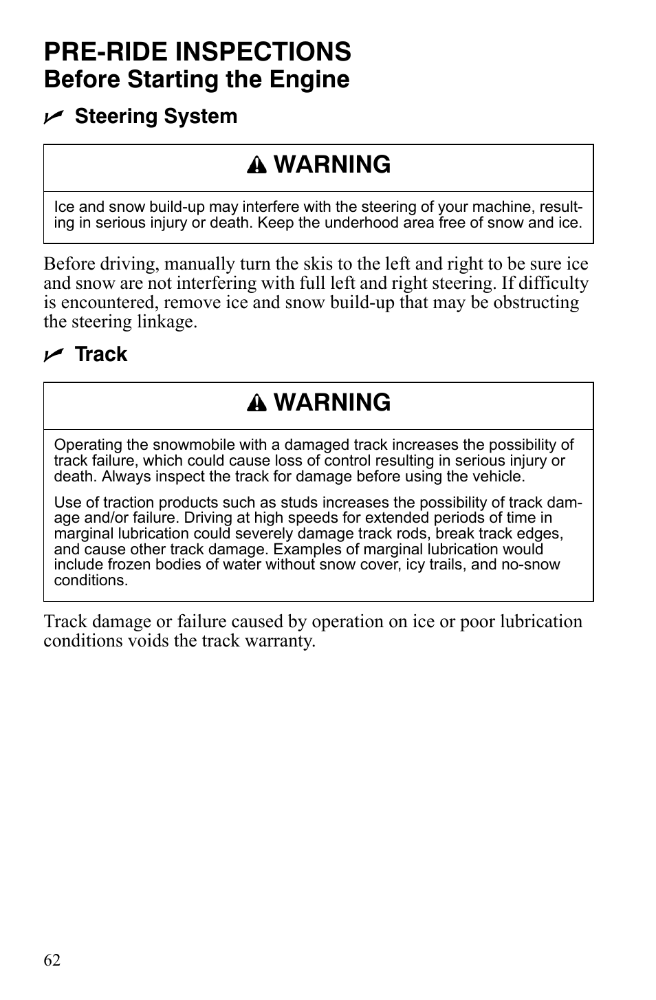 Pre-ride inspections, Before starting the engine, Warning | Polaris 800 Dragon SP User Manual | Page 65 / 141