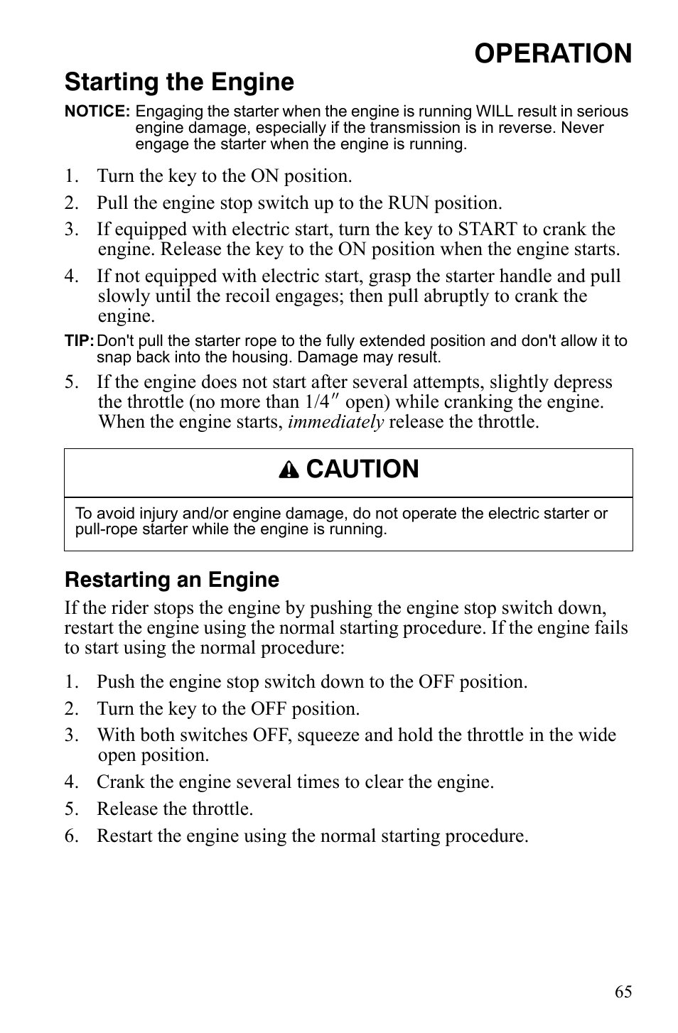 Operation, Starting the engine, Caution | Polaris 800 Dragon SP User Manual | Page 68 / 141