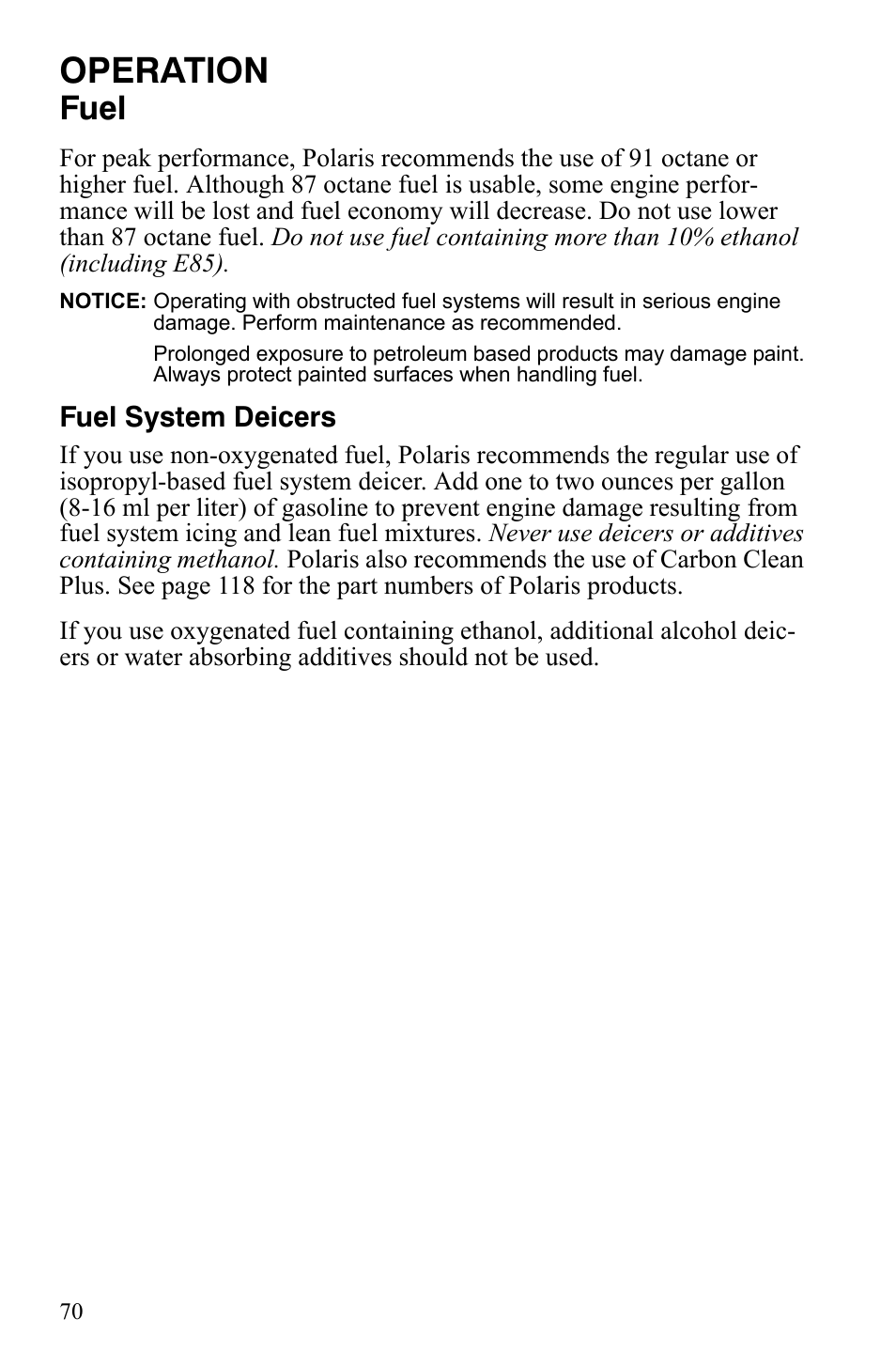 Operation, Fuel | Polaris 800 Dragon SP User Manual | Page 73 / 141