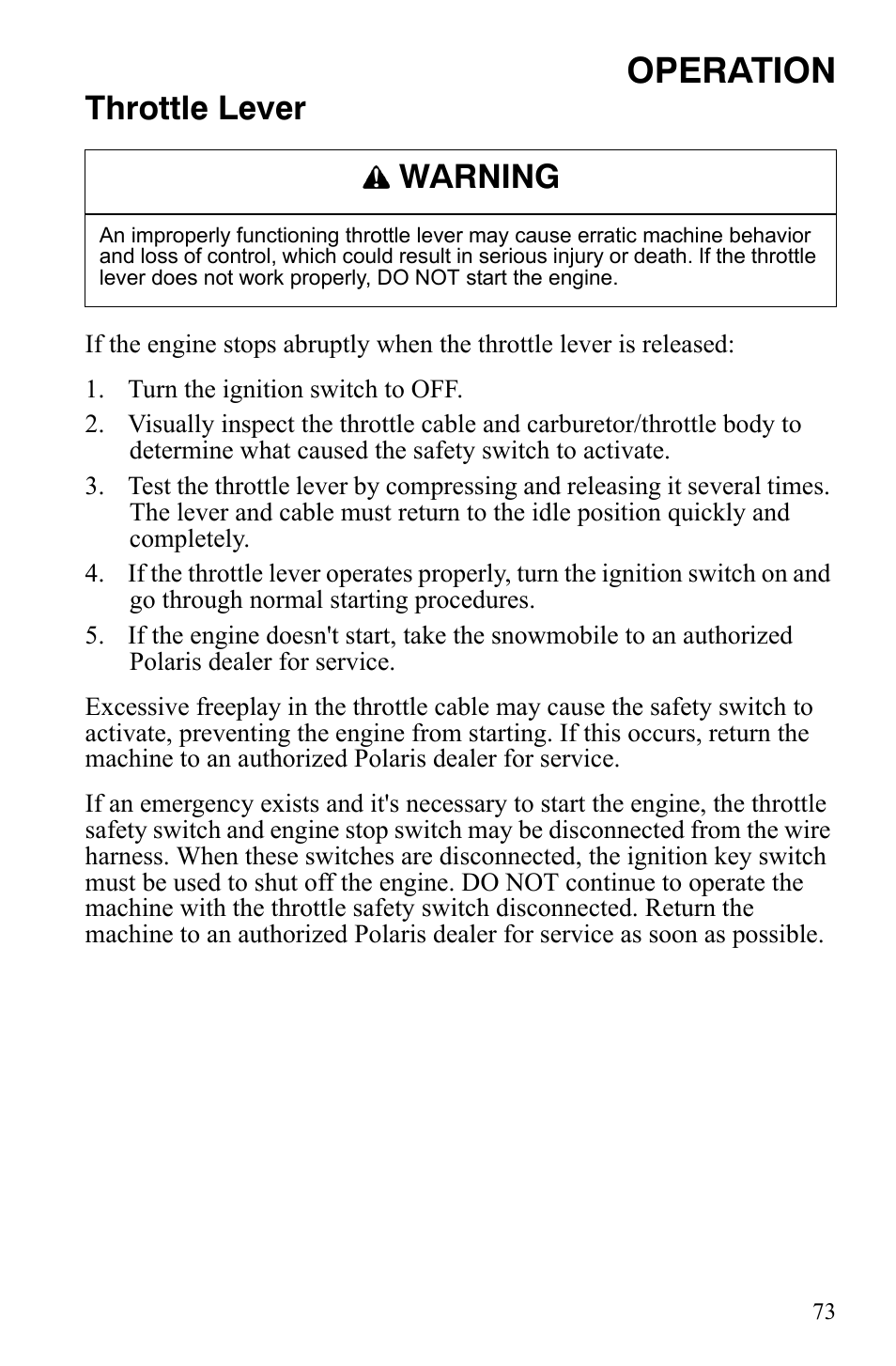 Operation, Throttle lever, Warning | Polaris 800 Dragon SP User Manual | Page 76 / 141