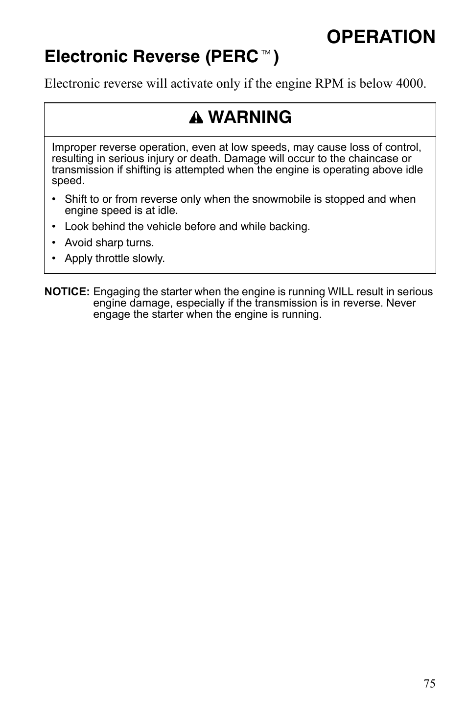 Operation, Electronic reverse (perc t ), Warning | Polaris 800 Dragon SP User Manual | Page 78 / 141