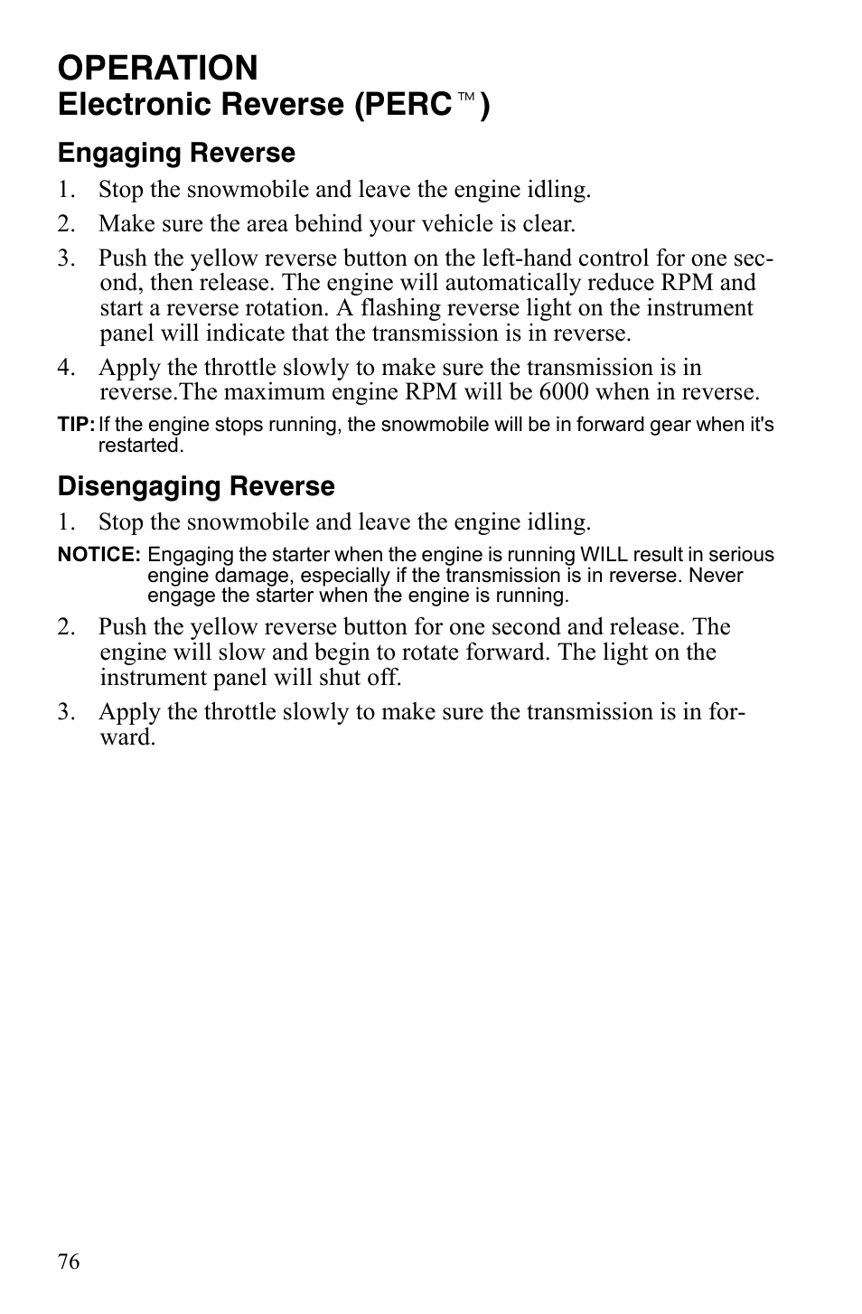 Operation, Electronic reverse (perc t ) | Polaris 800 Dragon SP User Manual | Page 79 / 141