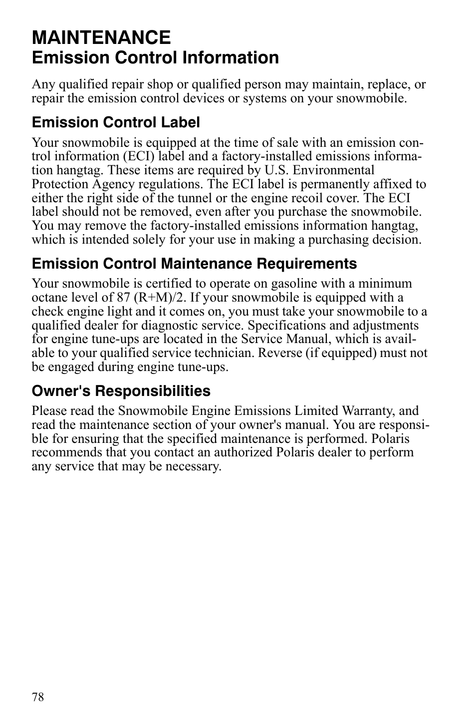 Maintenance, Emission control information | Polaris 800 Dragon SP User Manual | Page 81 / 141
