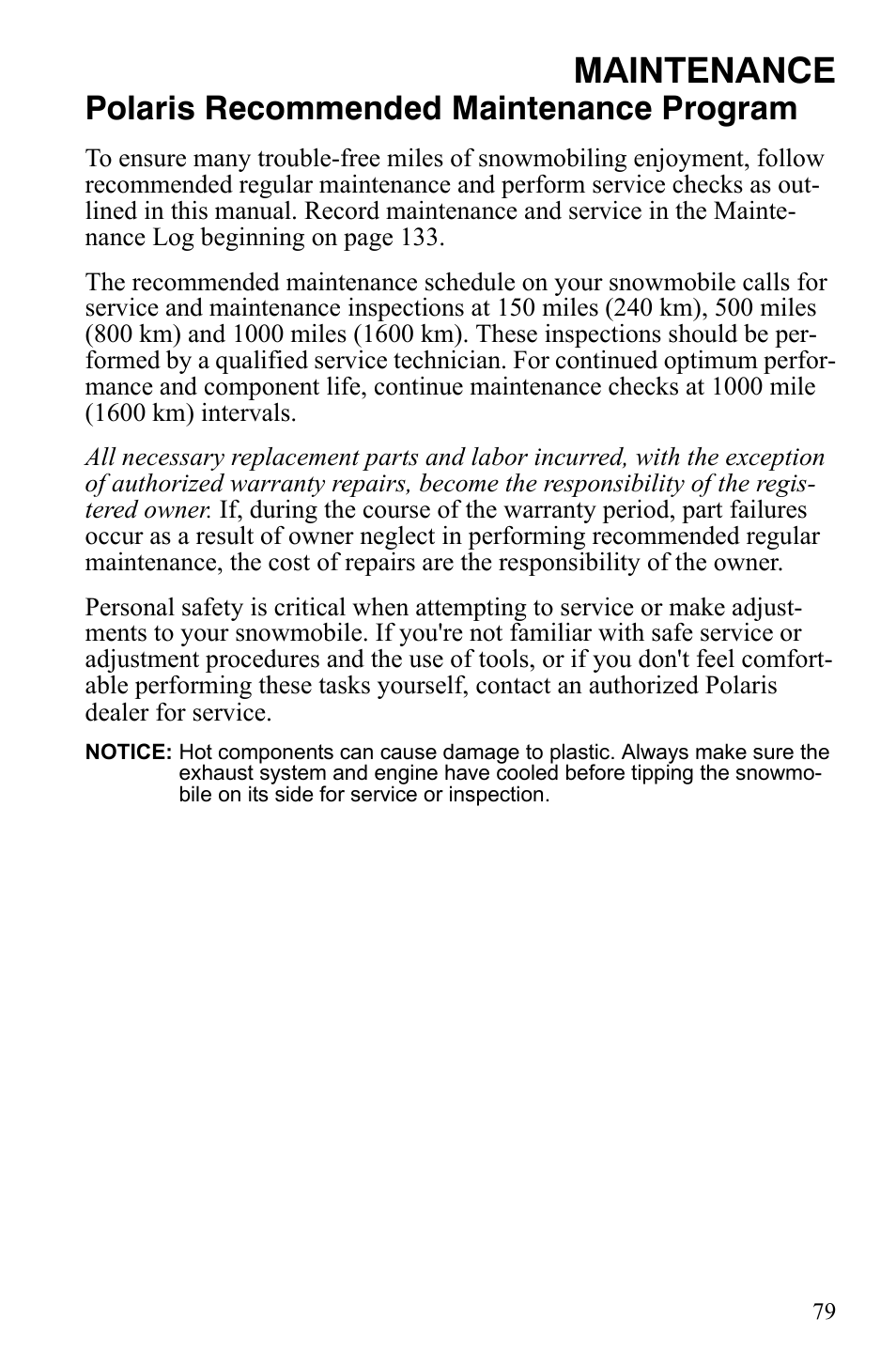 Maintenance, Polaris recommended maintenance program | Polaris 800 Dragon SP User Manual | Page 82 / 141