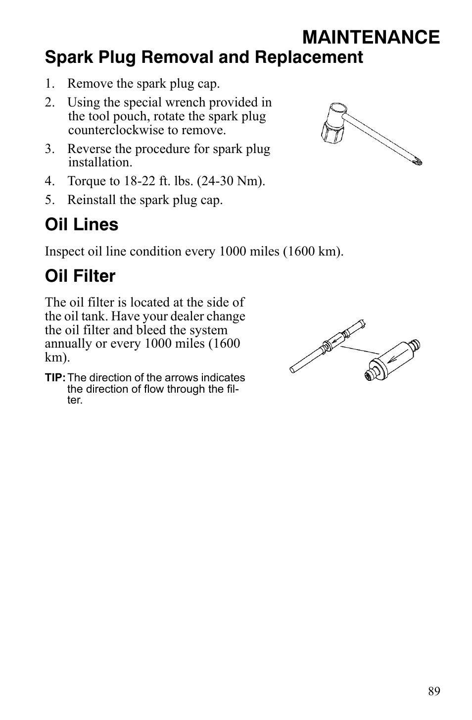 Maintenance, Spark plug removal and replacement, Oil lines | Oil filter | Polaris 800 Dragon SP User Manual | Page 92 / 141