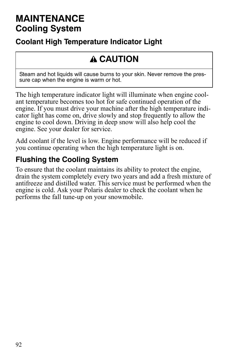 Maintenance, Cooling system, Caution | Polaris 800 Dragon SP User Manual | Page 95 / 141